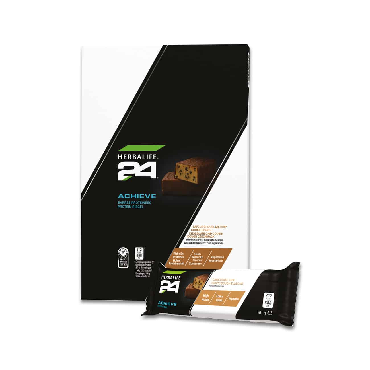 H24 Achieve Protein Riegel Chocolate Chip Cookie Dough Geschmack, 6 x 60 g 7 Herbashopping.eu - H24 Achieve Protein Riegel Chocolate Chip Cookie Dough Geschmack